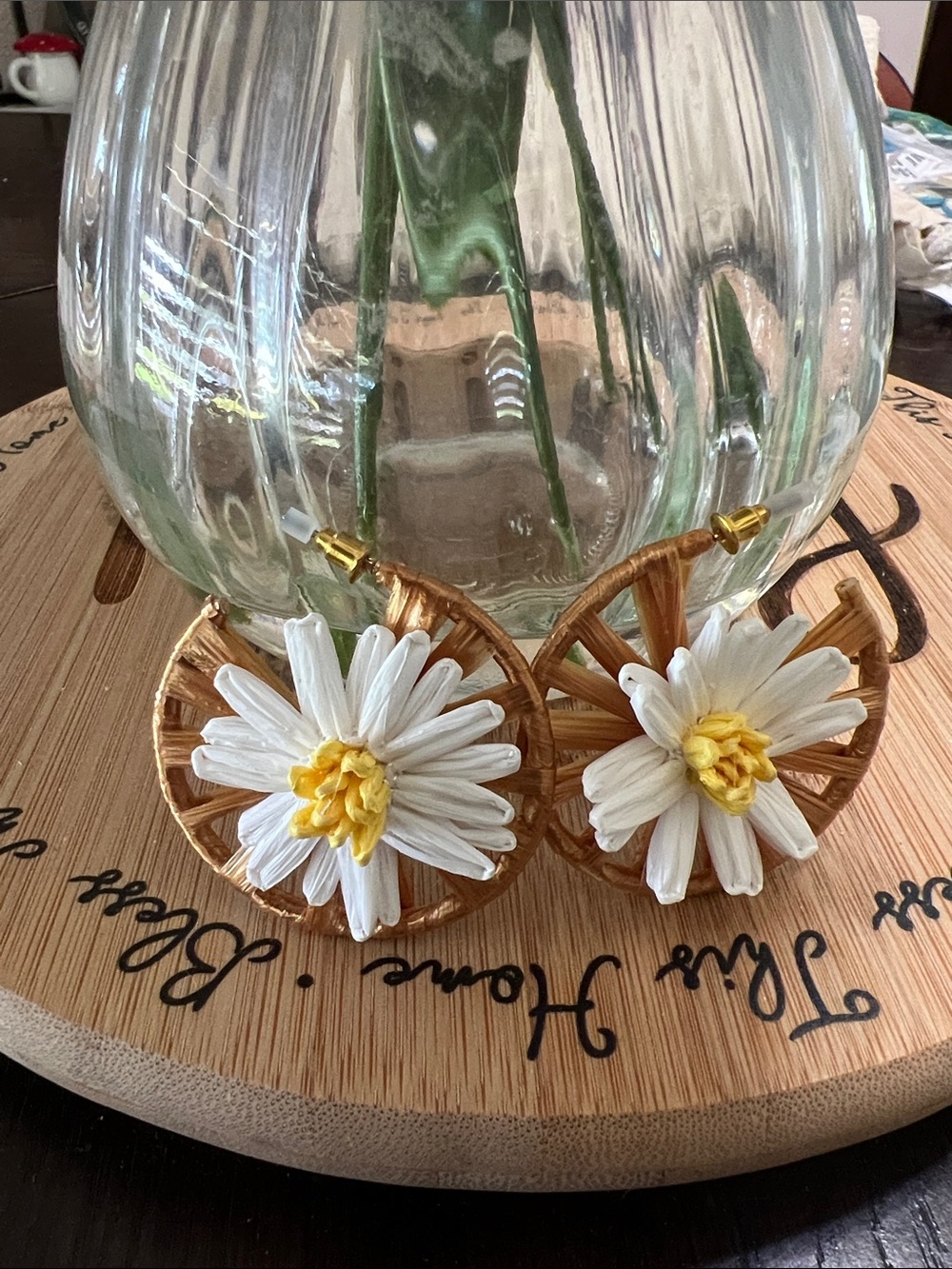 New Handcrafted White Daisy Drop Earrings with Gold Hoop